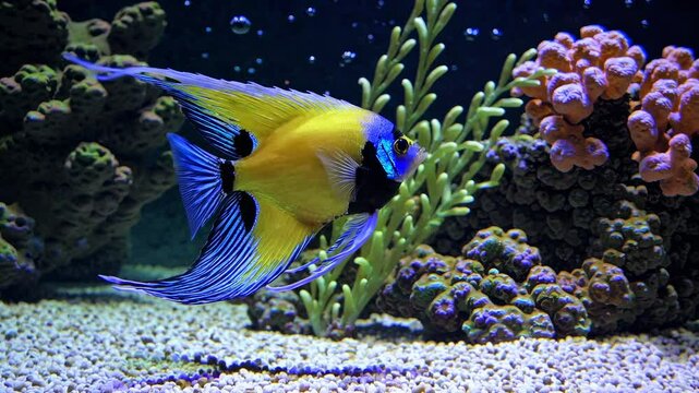 Vibrant underwater scene with a colorful fish swimming among corals. Captured from a side angle, ideal for an aquarium-themed video.