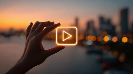 Illuminated play button held against a city sunset. Abstract connection to digital media, modern technology, entertainment, streaming services, and future.