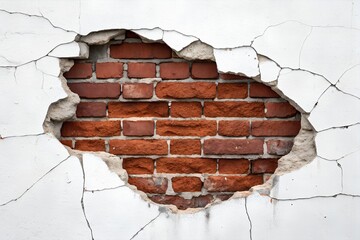 A white wall with a large, irregularly shaped hole revealing a brick structure underneath. The edges of the hole are cracked and crumbling.