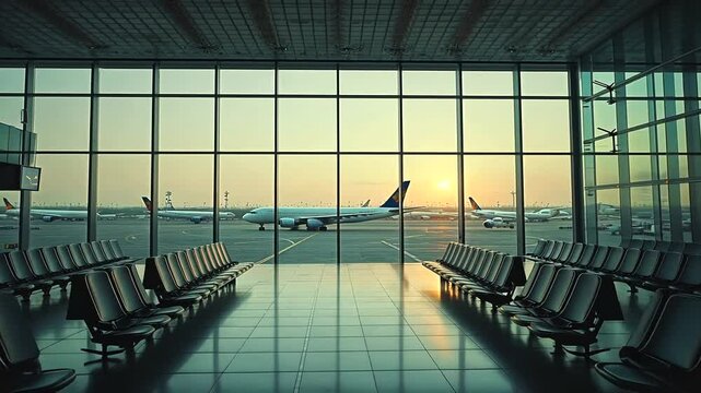 Tranquil airport scene at sunset with empty seating and planes in the background