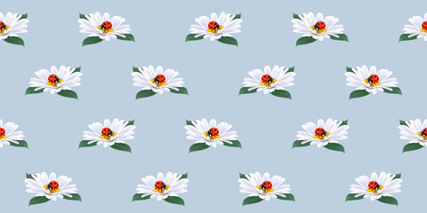 Seamless repeating pattern, white daisies with leaves and ladybug on blue background, perfect for backgrounds, textiles, paper. Seamless floral pattern. Vector illustration.