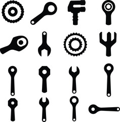 Diverse vector silhouette set of various ratchet wrenches and adjustable spanners, essential tools for mechanics, automotive repair, and general industrial fastening tasks.