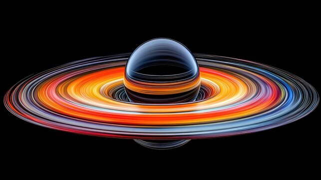 Colorful, layered rings encircle a smooth, reflective sphere.