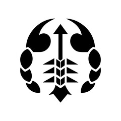Black and white flat icon of the Scorpio zodiac sign featuring a geometric, stylized shape
