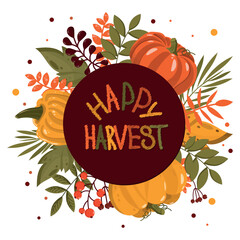 Vector illustration, autumn greeting, advertising banner, set of flat pumpkins and colorful leaves, postcard.