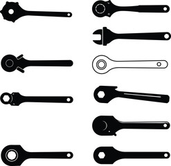 Diverse vector silhouette set of various ratchet wrenches and adjustable spanners, essential tools for mechanics, automotive repair, and general industrial fastening tasks.