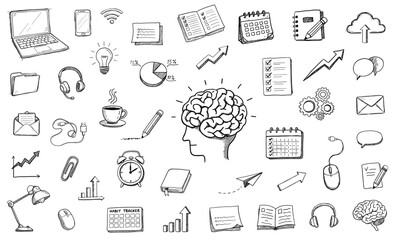 Doodle sketch vector icons collection for creativity, productivity, and communication concepts