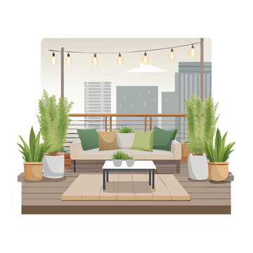Contemporary rooftop garden scene featuring sleek siiting sofa area vector art design 