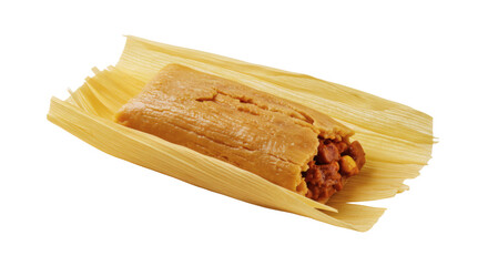 A single tamale in its corn husk wrapper with a meat filling on a plain black background surface