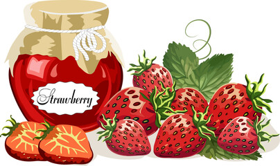 Strawberries and a jar of jam.Vector illustration with ripe strawberries and strawberry jam in a jar on a transparent background.