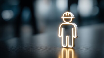 A glowing figure symbolizing a construction worker in a modern workplace setting.
