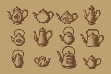 Vintage teapots collection rustic sketch style vector illustration

