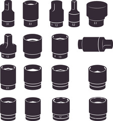 Comprehensive vector illustration set of various socket heads and sizes, essential for mechanics, automotive repair, and general industrial fastening tasks in any workshop.