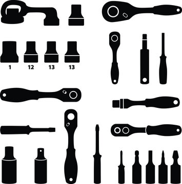 Comprehensive vector illustration set of various socket wrench heads and extensions, essential tools for automotive repair, mechanical work, and industrial assembly tasks.