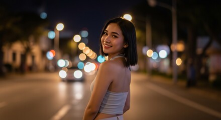Fototapeta premium Young Woman Smiling on City Street at Night with Bokeh Lights