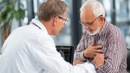 Senior man holding his chest while discussing a digital chest X-ray and heart scan with a male doctor during a medical consultation. - Powered by Adobe
