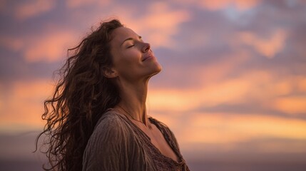 Woman takes a deep breath outside at sunset. Enjoying a quiet moment, she basks in the warm light and colorful sky, finding peace and tranquility.