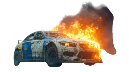 A wrecked car engulfed in flames and smoke isolated on transparent background, a dramatic image of destruction and disaster