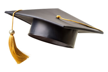 Black graduation cap with gold tassel isolated on transparent background