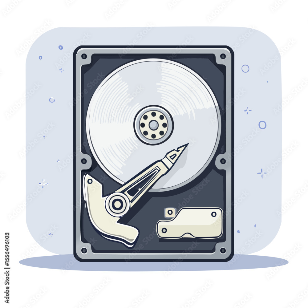 Poster illustration of a hard disk drive storage device for data processing and computer component with a b
