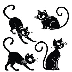 Cute Black Cartoon Cats in Playful Poses – Vector Illustration