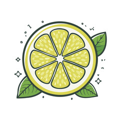 Sliced Lemon Cartoon Style with Green Leaves and Sparkling Accents on Black Background