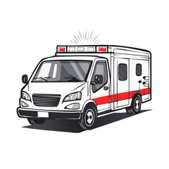 Emergency Ambulance Vehicle in White and Red with Lights on Dark Background