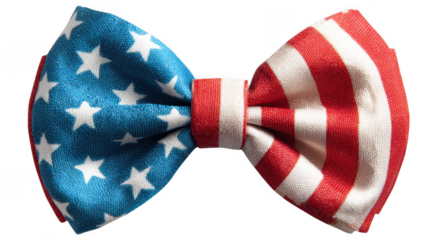 A patriotic bow tie, isolated on transparent background, features a vibrant design with stars and stripes in red, white, and blue