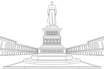 Monumental statue on a grand pedestal, civic center square.
