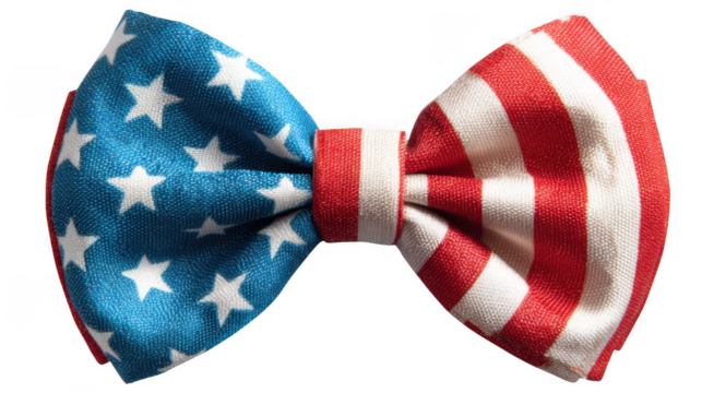 A patriotic bow tie, isolated on transparent background, features a vibrant design with stars and stripes in red, white, and blue