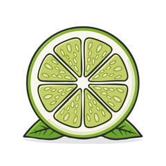 Cartoon lime slice illustration with green leaves, graphic fruit icon, healthy food concept, vector drawing, citrus fruit, tropical ingredient