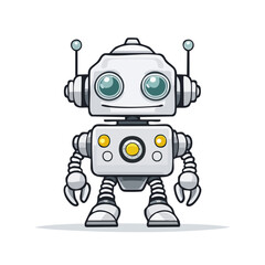 Cute white cartoon robot illustration featuring retro styling and simplified vector design on black background with bright accent colors