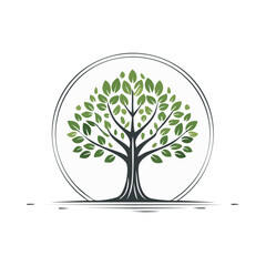 Fototapeta premium Stylized Tree Illustration with Green Leaves and Dark Trunk in White Circle Graphic Element