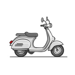 Obraz premium Cartoon illustration of a vintage gray scooter on black background. Classic Italian motorbike artwork for transport design and retro themes