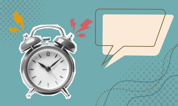 Halftone collage banner template with vintage alarm clock and empty speech bubble in retro comic style, ideal for pop art posters, announcements, messages and design layouts