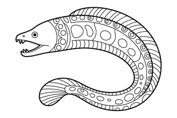 Ornate eel, stylized design, black and white.
