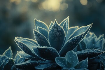 Dew-kissed succulent plant, dark teal leaves, close-up shot, serene beauty of nature.