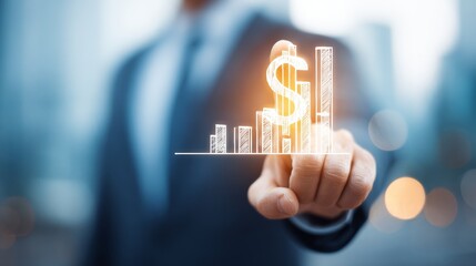 A professional pointing to a digital dollar sign and growth chart in a modern setting.