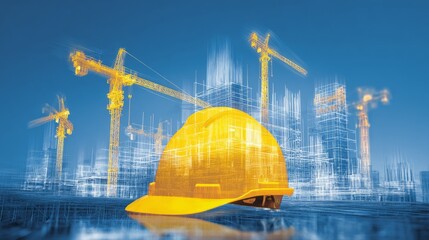 A vibrant construction site with a yellow hard hat and cranes in the background.