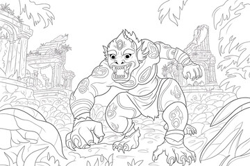 Naklejka premium A large ape crouches, ready to pounce in a jungle setting. 