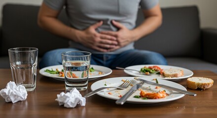 Man with Stomach Ache After Eating Leftovers on Table