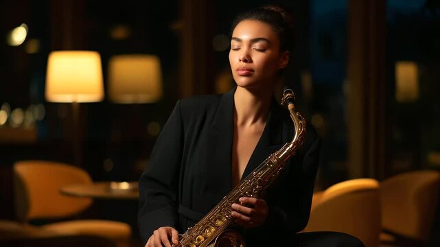 Musician playing saxophone in a dimly lit lounge
