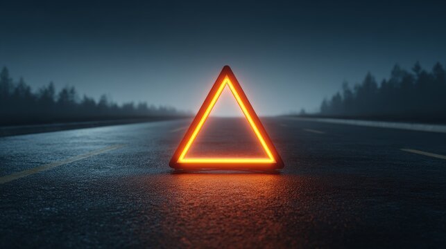 An illuminated warning triangle on an empty road at night, signaling caution ahead.