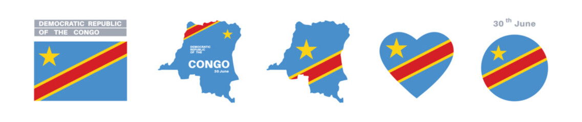 democratic republic of the congo flag and map set. flag in official colors and proportions. independence day 30 june, map, circle and heart shaped congo