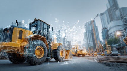 Construction machinery working on an urban site with digital overlay effects.