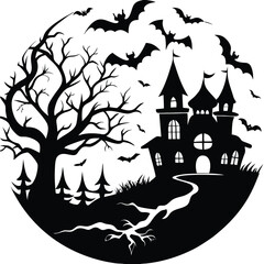 Spooky Halloween night with a haunted castle and tree silhouette under a full moon, featuring bats, pumpkins, and a ghostly illustration perfect for an October holiday card