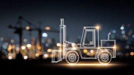 Futuristic forklift illustration in foreground with construction backdrop and bright lights.