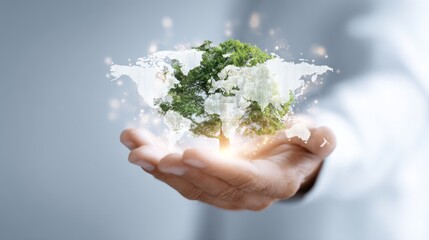 Holding a miniature green world, symbolizing environmental care and sustainability.