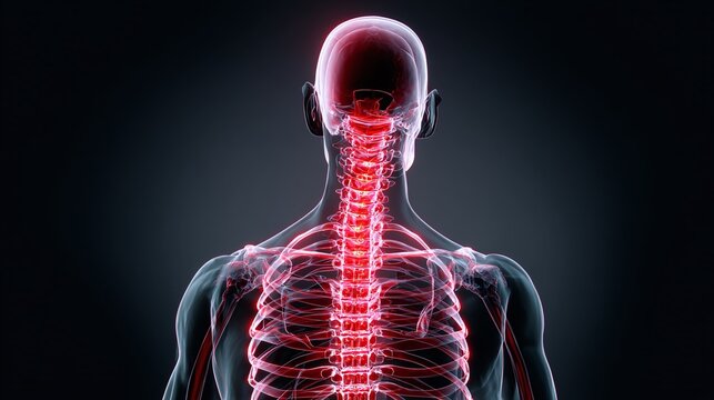 Spinal Anatomy: A detailed view of the human spine and rib cage. Spine health, medical illustration. The backbone illuminated with red light.