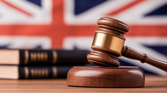 British legal system: A gavel rests on a sound block, with law books and a UK flag in the background, symbolizing justice and governance.